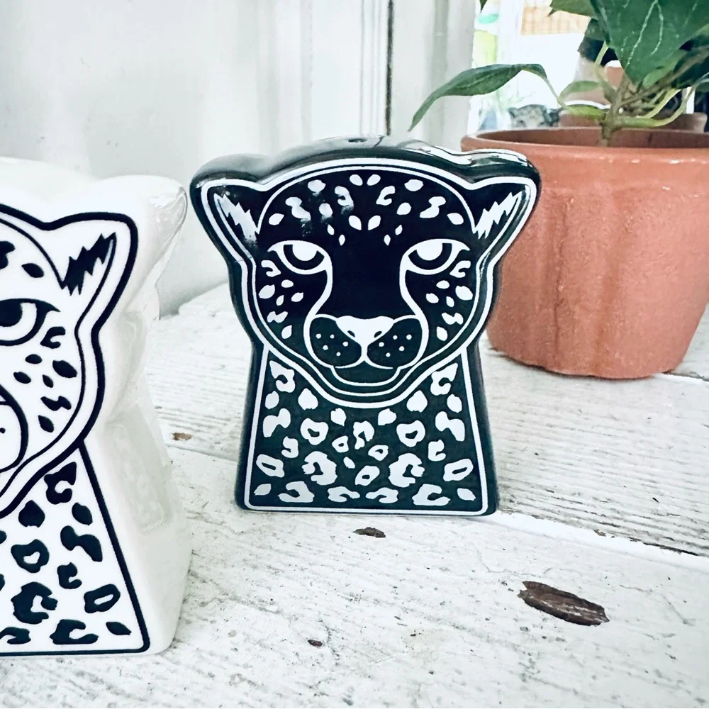 Ceramic Leopard Salt & Pepper Shakers Jaguar Cheetah NEW Jungle Bohemian B&W